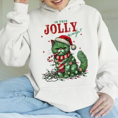 Funny Christmas Cat Hoodie Aeur Grumpy Green Kitty With Candy Cane Lights Perfect For Holiday Parties Unisex Casual