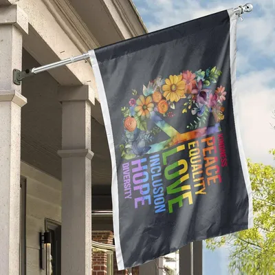 Peace Symbol Floral American House Flag, Kindness Equality Diversity Message Horizontal House Flag