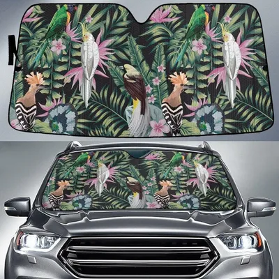 Beautiful Parrots And Bird Of Paradise Flowers Tropical Leaves Car Sun Shades Cover Auto Windshield PrintSyde
