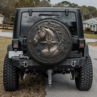 Spare Tire Cover, Bronze Horse And Compass Metal Look, Equestrian Off-Road Lover Gift, Universal Fit For Car Truck Suv, Backup Camera Option Spare Tire Cover
