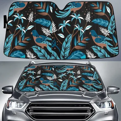 Blue Parrots And Massangeana Leaf Tropical Leave Black Car Sun Shades Cover Auto Windshield PrintSyde