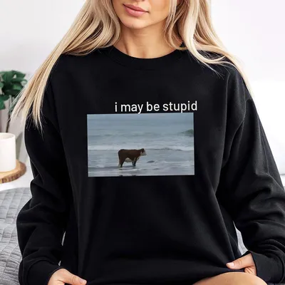 I May Be Stupid Cow On Beach Funny Meme Sweatshirt Menswear Top Cotton Sweatshirt Graphic Sweatshirt