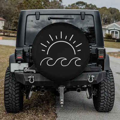 Waves And Sun Spare Tire Cover, Minimalist Beach Design, Coastal Girl Style, Waterproof Vinyl Wheel Protector Spare Tire Cover