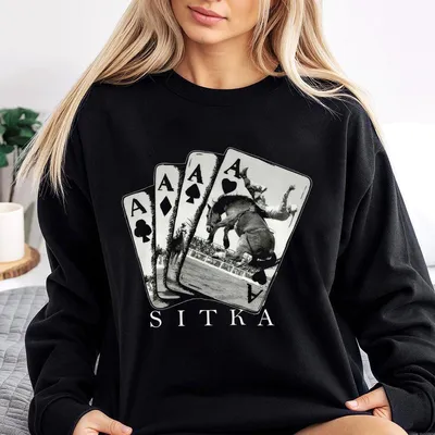 Black Sweatshirt Sitka Hunting With Playing Cards & Deer Graphic,Outdoor Wildlife Sitka Brand Design