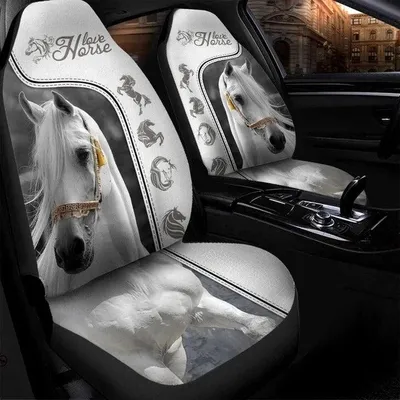 White Horse White Faux Leather Car Seat Cover Set, Horse Car Decor