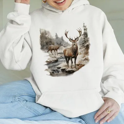 Retro Deer Wilderness Scene Hoodie Vintage Buck And Doe Deer Outfit Boho Unisex Hoodie