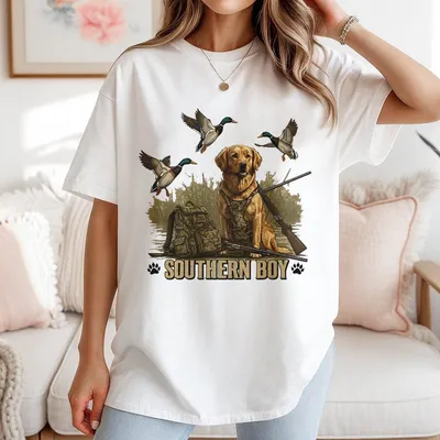 Southern Boy T-Shirt Hunting Dog With Ducks And Shotgun Graphic Country Outdoor Lifestyle T-Shirt For Waterfowl