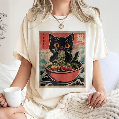 Cat Ramen Japanese Funny Graphic T-Shirt Kawaii Cat Anime Gifts T-Shirt