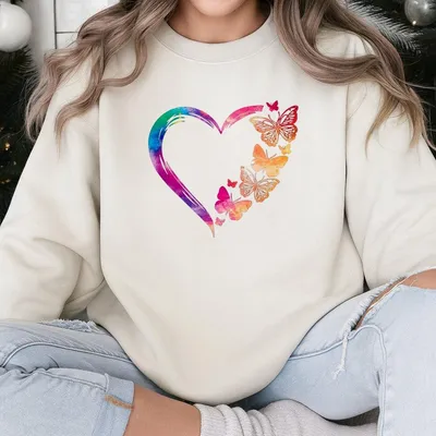 Butterfly & Heart Print Drop Shoulder Sweatshirt, Fashion Casual Round Neck Half Sleeve Sweatshirt For Daily Wear, Full Size