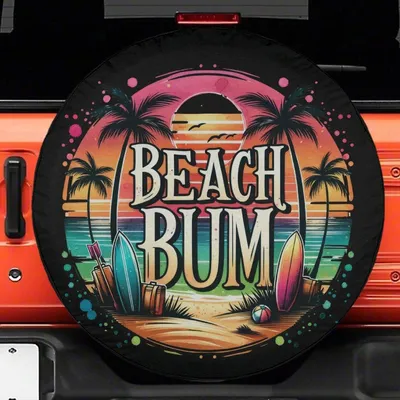 Surfboard Beach Bum Spare Tire Cover Retro Summer Vacation Tropical Graphic Spare Tire Cover