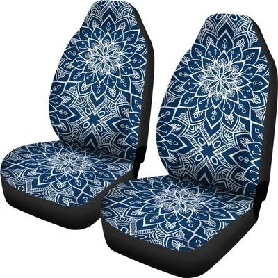 Blue And White Bohemian Mandala Print Universal Fit Car Seat Covers, 3D Mandala Front Carseat Covers