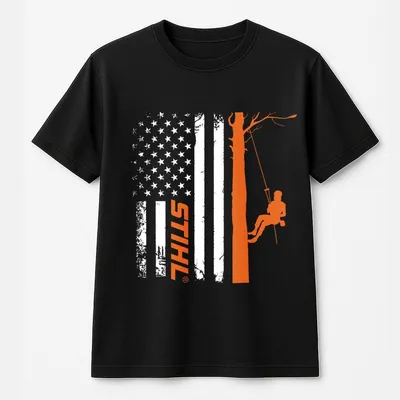 Stihl Tree Climber Flag T-Shirt – Patriotic Logger Graphic T-Shirt, Soft Work T-Shirt For Arborists, Chainsaw Workers & Stihl Fans