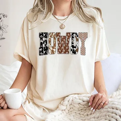 Howdy Western Ghost T-Shirt, Spooky Cowboy Checkered Letters, Rustic Halloween, Made In Usa