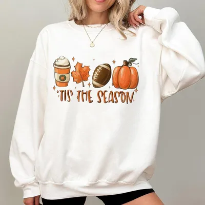 Tis The Season Fall Sweatshirt Sweatshirt Sweatshirt Cozy Autumn With Pumpkin Spice Latte Maple Leaf Football