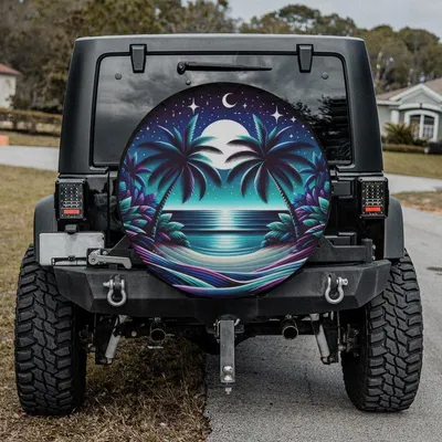 Neon Palm Tree Beach Spare Tire Cover, Tropical Night Moon Stars Ocean Vibe Car Wheel Protector Spare Tire Cover