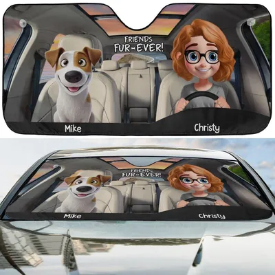 Friends Fur-Ever Car Sun Shade, Mike And Christy Cartoon, Dog Lover Windshield Visor, Pet Adventure Design, Cute Auto Accessory Car Sunshade