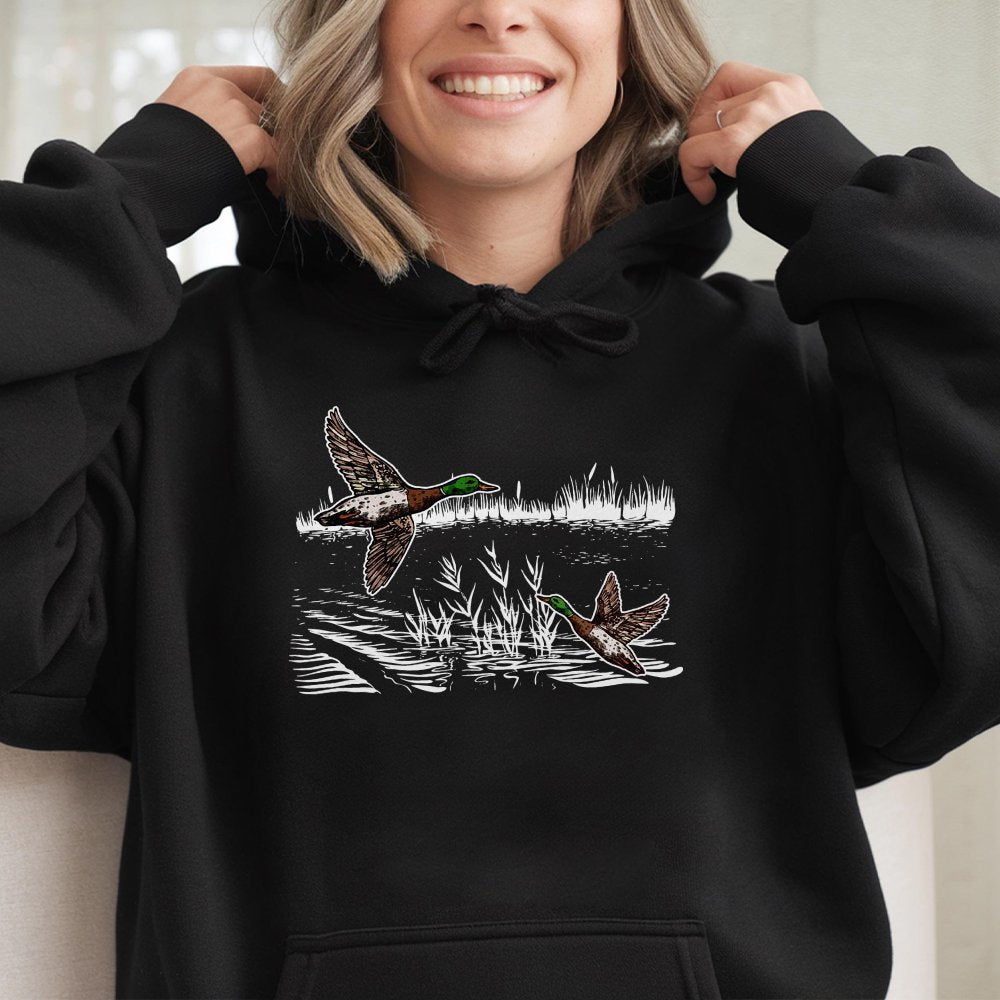 Retro Mallard Ducks Fall Hoodie Front Print Men Women 90s Waterfowl Duck Outfit Vintage Duck Hoodie Animal Lover Hoodie