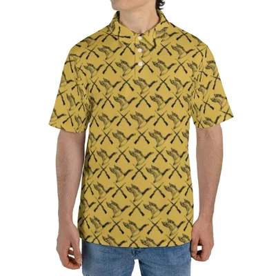 Mustard Yellow Polo, Repeating Crossed Weapon Print, Black Guns Pattern, Mens Bold Gangster Style, Unique Aop Top Polo Shirt