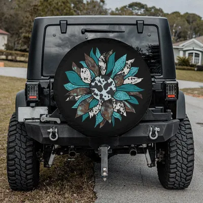 Spare Tire Cover, Turquoise Cow Print Sunflower, Western Floral Wheel Cover For Girl, Rustic Country Theme, Backup Camera Hole Option, Universal Fit Suv Spare Tire Cover