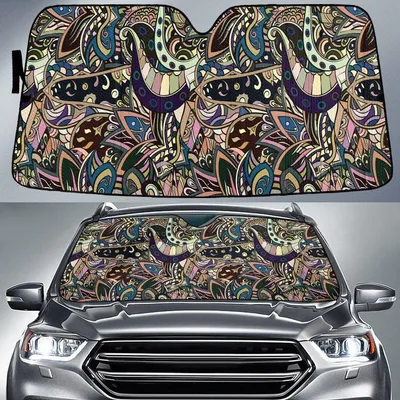 Dark Tone Colors Mirrored Flowers Paisley Texture Dot Theme Car Sun Shades Cover Auto Windshield PrintSyde