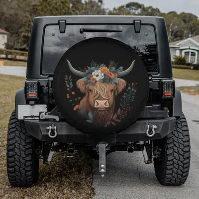 Highland Cow Floral Boho Design, Rustic Western Farmhouse Spare Tire Cover Art Spare Tire Cover