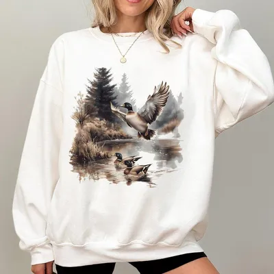 Retro Mallard Duck Fall Pond Scene Sweatshirt 90s Waterfowl Duck Forest Nature Outfit Unisex Mallard Flying Duck