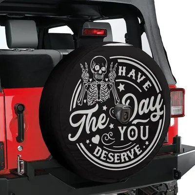 Spare Tire Cover, Skeleton Peace Sign Quote, Sarcastic Have The Day You Deserve Design, Funny Black White Wheel Protector Spare Tire Cover