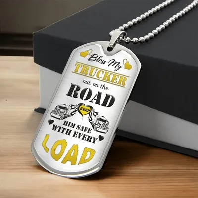 Bless My Trucker Necklace With Semi Truck And Angel Wing Charms, To My Husband, Trucker Gift - Gift For Him - Dog Tag Necklace - Army Tag Necklace, Dog Tag