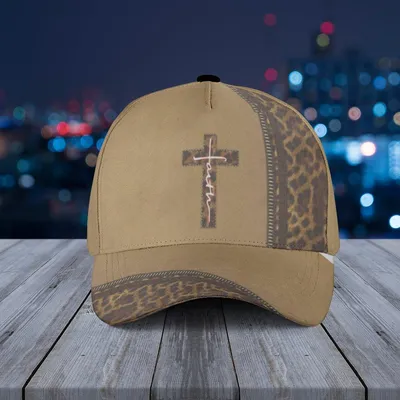 Baseball Cap Tan Suede & Leopard Print Zipper Accent Faith Cross Graphic Baseball Cap