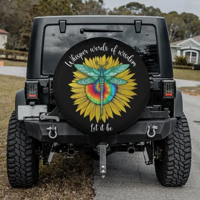 Whisper Words Of Wisdom Spare Tire Cover, Dragonfly Tie Dye Sunflower, Waterproof, Dustproof, Universal Spare Tire Cover