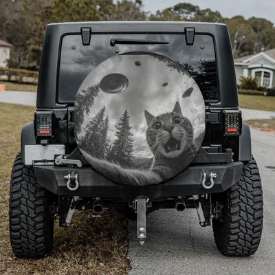Funny Cat Ufo Spare Tire Cover, Alien Space Humor Design, Unique Animal Car Accessory With Backup Camera Hole Spare Tire Cover