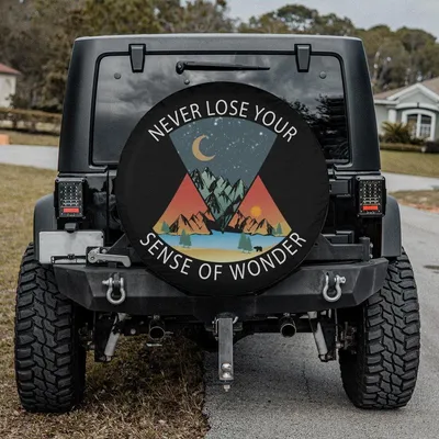 Never Lose Your Sense Of Wonder Spare Tire Cover, Adventure Mountain Sunset Design, Nature Explorer Outdoor Camper Art Spare Tire Cover
