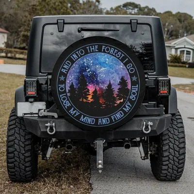Into The Forest I Go Spare Tire Cover Galaxy Night Sky Pine Trees Graphic For Off-Road Spare Tire Cover