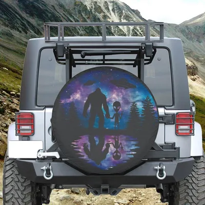 Bigfoot And Alien Galaxy Spare Tire Cover, Funny Ufo Forest Night Design, Cool Outer Space Car Accessory For Adventure Lovers Spare Tire Cover