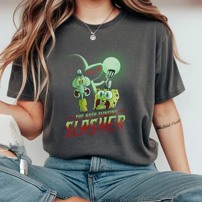 Hash Slinging Slasher T-Shirt Spongebob Halloween Horror T-Shirt Scary Cartoon Spooky Season Cozy Crewneck Tiktok