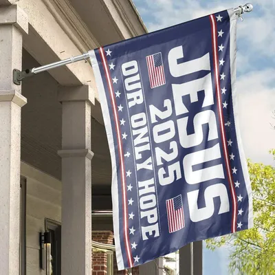 Jesus 2025 House Flag, “Our Only Hope” Patriotic Christian Banner With American Flags And Cross Symbol Horizontal House Flag