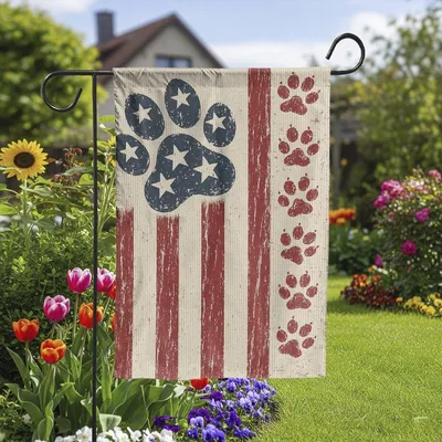 Vertical Garden - Patriotic Paw Print Garden Flag for Pet Lovers, Rustic Red White Blue Outdoor Yard Decor