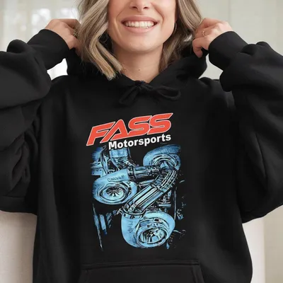 Fass Motorsports Hoodie Turbocharger Blueprint Graphic For Diesel Truck Fans, Racing Enthusiasts, Unisex Menswear, Casual Wear