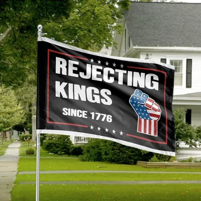 Rejecting Kings House Flag, Clenched Fist With Stars And Stripes, Patriotic Resistance Design, Since 1776 Democracy Banner Horizontal House Flag