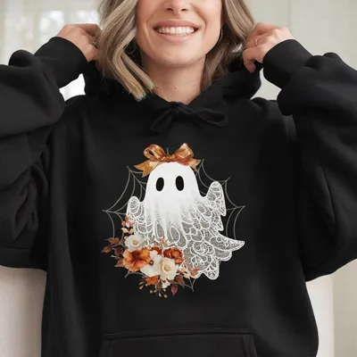 Halloween Lace Ghost Hoodie Cute Floral Ghost Hoodie Spooky Fall Floral Hoodie Stylish Coquette Bow Girl Halloween