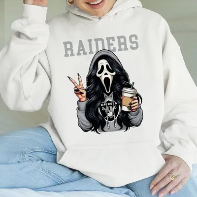 Raiders Coffee Lover Hoodie Cozy Halloween With Cute Spooky Mask Graphic Fun Fall Streetwear For Women