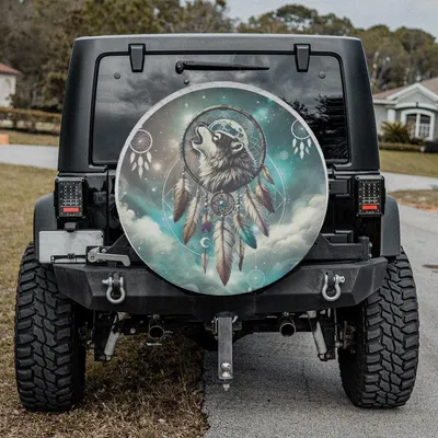 Wolf And Dream Catcher Spare Tire Cover, Boho Tribal Spirit Design, Inspirational Car Accessory With Backup Camera Hole Spare Tire Cover