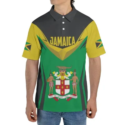 Jamaica Victory, Jamaica Polo Polo Shirt, Graduation Gown Graphic, Coat Of Arms Design, Flag Panels, Green Yellow Black Style, Island Pride