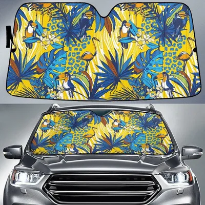 Colorful Parrots Blue Monstera Leaf Blue Leopard Skin Pattern Car Sun Shades Cover Auto Windshield PrintSyde