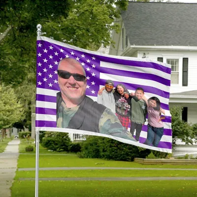 Personalized Family Photo House Flag, Custom Purple Us Flag Banner, Double Sided Uv Resistant Decor Horizontal House Flag
