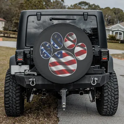 Patriotic Paw Print Spare Tire Cover, Us Flag Animal Lover Wheel Protector, Waterproof Vinyl, Universal Fit Accessory Spare Tire Cover