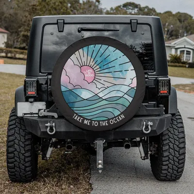 Spare Tire Cover, Take Me To The Ocean Quote, Watercolor Beach Wave Design, Sunset Nautical Wheel Protector, Universal Spare Tire Cover