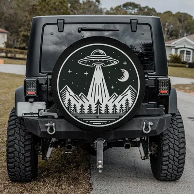 Ufo Mountains Pine Trees Spare Tire Cover, Retro Outdoor Adventure Design, Waterproof Durable Vinyl, Universal Fit For Suv Truck Rv Camper Spare Tire Cover