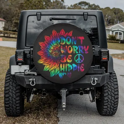 Hippie Quote Spare Tire Cover, Don’T Worry Be Happy Tie-Dye Sunflower Design, Peace And Love Style, Waterproof Vinyl Wheel Protector Spare Tire Cover