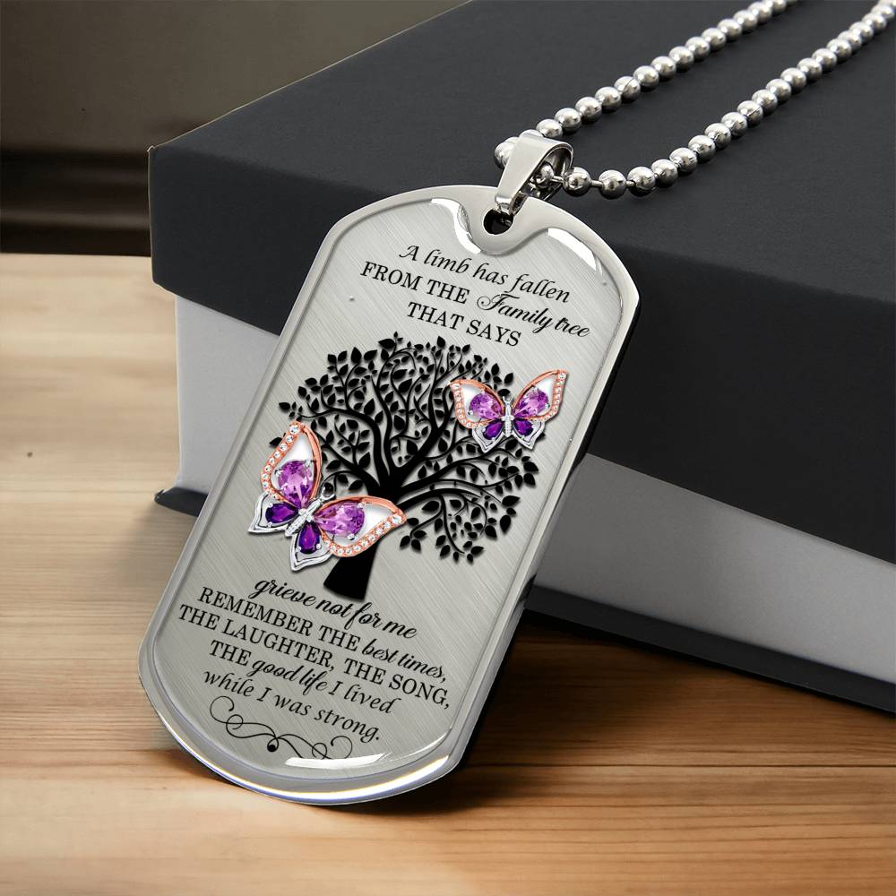 Gem Butterflies On Tree Of Life Luxury Dog Tag Necklace With Back Engraving - Army Tag Necklace, Dog Tag